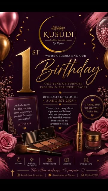 Kusudi first-anniversary artwork in burgundy and gold