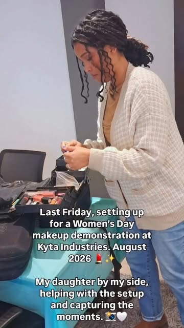Nayma setting up her makeup kit for a Women's Day demonstration