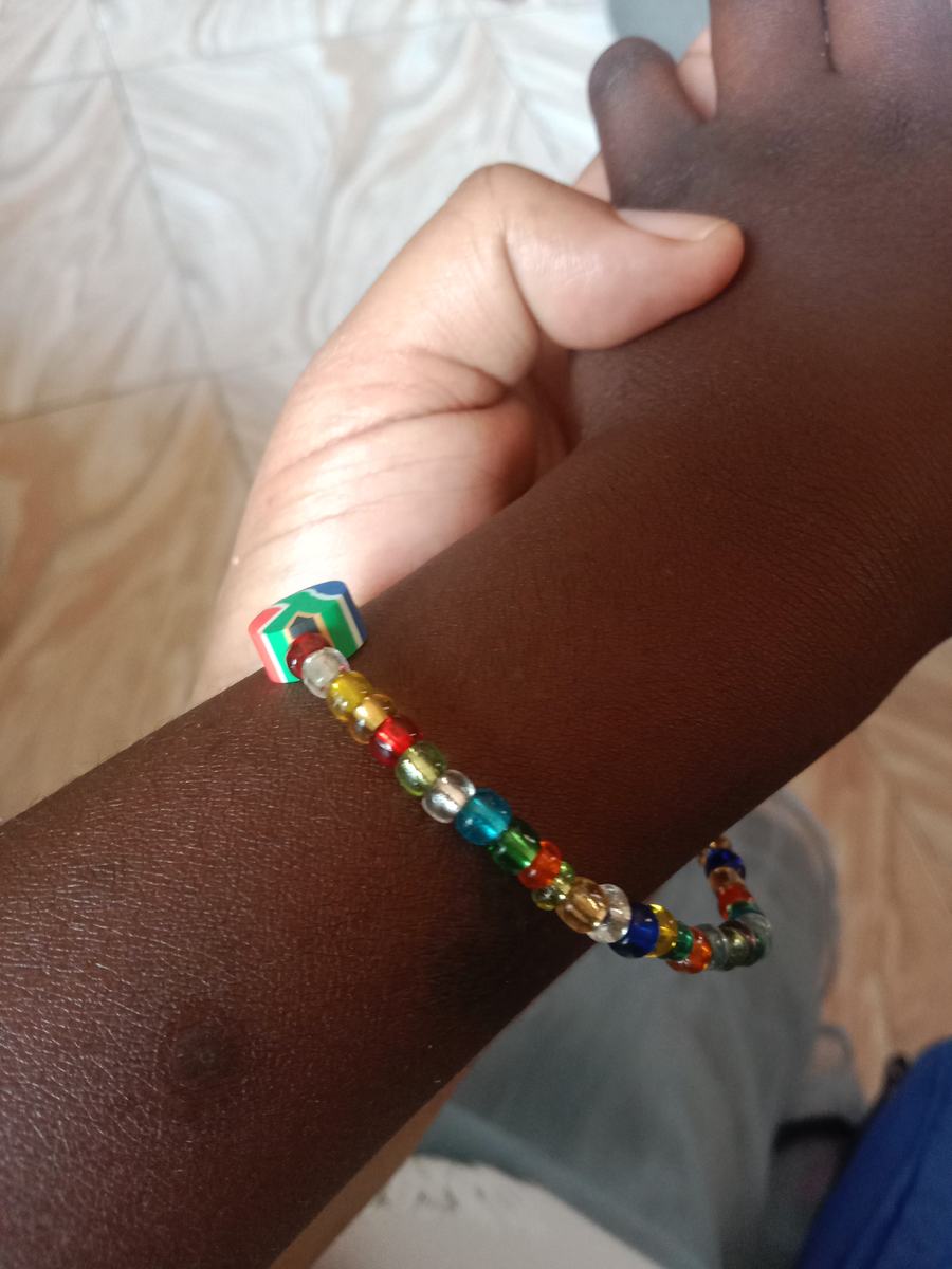 A colourful beaded bracelet from Nayma's time in Tanzania